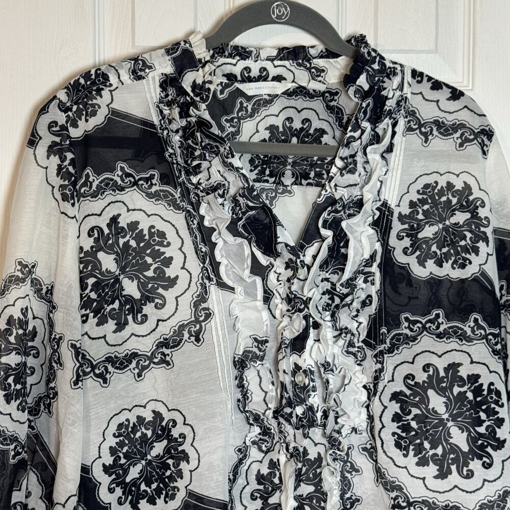 New York & Company Black And White Sheer Blouse, Ruffles, 100% Polyester, Large - Picture 3 of 10